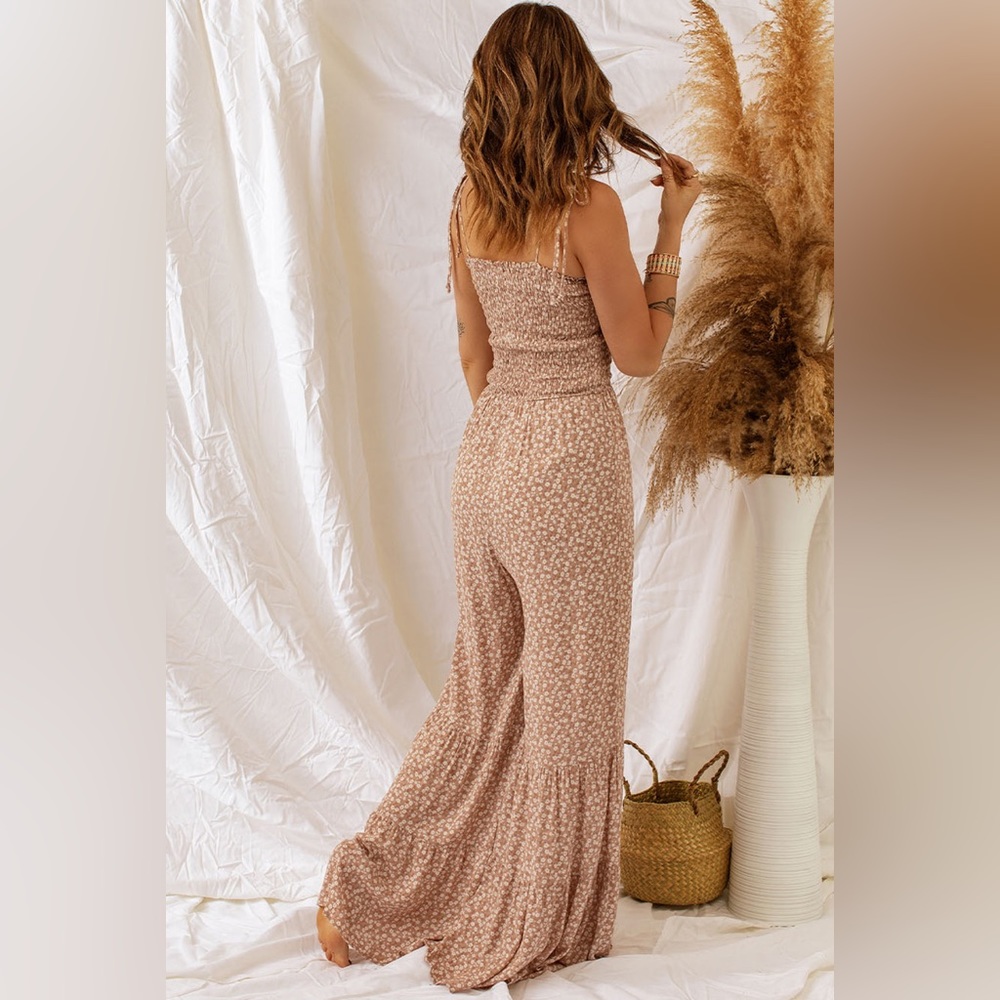 Khaki Thin Straps Smocked Bodice Wide Leg Floral Jumpsuit - Picture 4 of 5